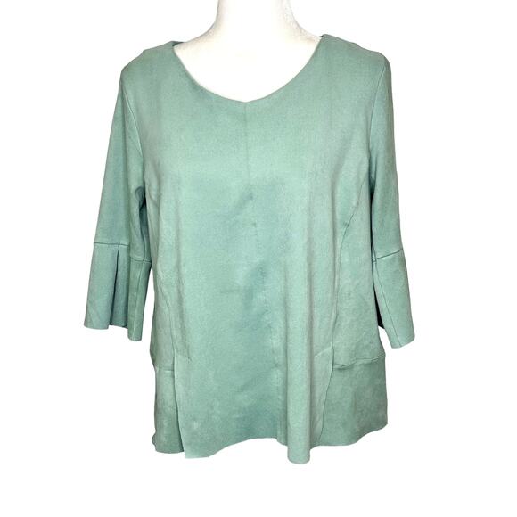 Soft Surroundings Sage Green Faux Suede 3/4 Tulip Sleeve Top Flowy - Picture 1 of 9